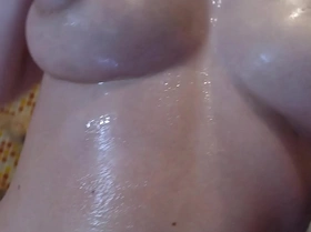 Big milky oily boobs and hairy pussy close up from hot mom