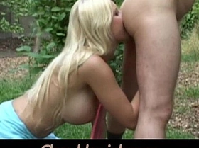 Sexy blonde doing outdoor blowjob and ass licking