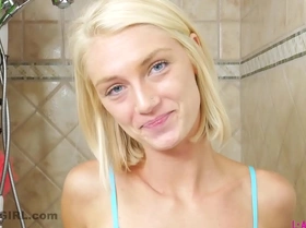 Superb blonde with hot body gets all foamy in 4k shower