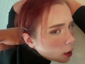 Man facefuck rough pussy fuck of obedient redhead and cum on tits
