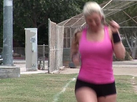 Lovely blonde with bigtits gets her pussy fucked hard after her workout