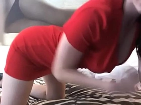 Sexy girl in red dress fingers her hot pussy hard live on webcam