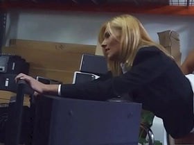 Hot blonde milf sucks off and pounded in storage room
