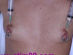 Injection saline in breast nipples pumping tits & vibrator