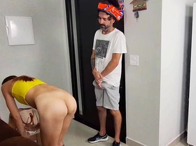 Slut alone at home receives delivery boy wearing just a bath towel!