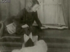 Vintage taboo erupts as hairy-pussied vixen ravages doggystyle with eager pooch, natural tits heaving in animalistic frenzy.