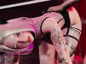 Blonde vixen Luanna Vicktoria in BDSM gear endures intense club fingering, anal vibrator thrills, and explosive squirt during steamy desk cunnilingus.