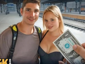A romantic getaway turns into hardcore cheating with a blonde European babe in a public WC.