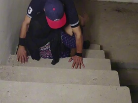 Stepbrother passionately ravishes curvy stepsister on the stairs, amid intense moaning and rough thrusts.